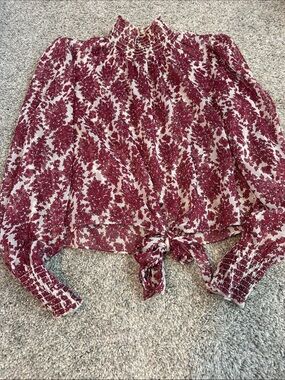 Mink Pink Sheer Burgundy Floral Turtleneck with Long Sleeves, Med Exc.